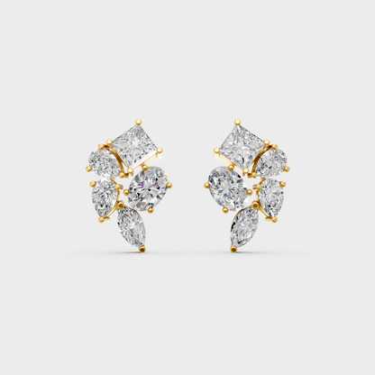 On-model ear wearing a pair of 2.40ct Multishape Lab Diamond Stud Earrings in classic 9K Yellow Gold.