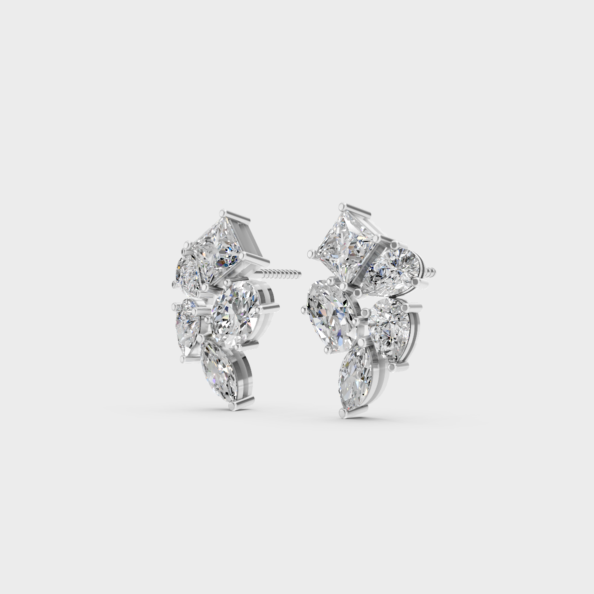 Frontal view of Ethical Luxury Cluster Studs featuring Princess, Pear, Oval, and Marquise Lab Diamonds set in 14K White Gold.