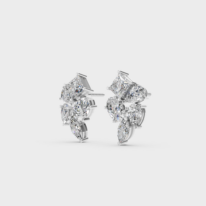 Frontal view of Ethical Luxury Cluster Studs featuring Princess, Pear, Oval, and Marquise Lab Diamonds set in 14K White Gold.