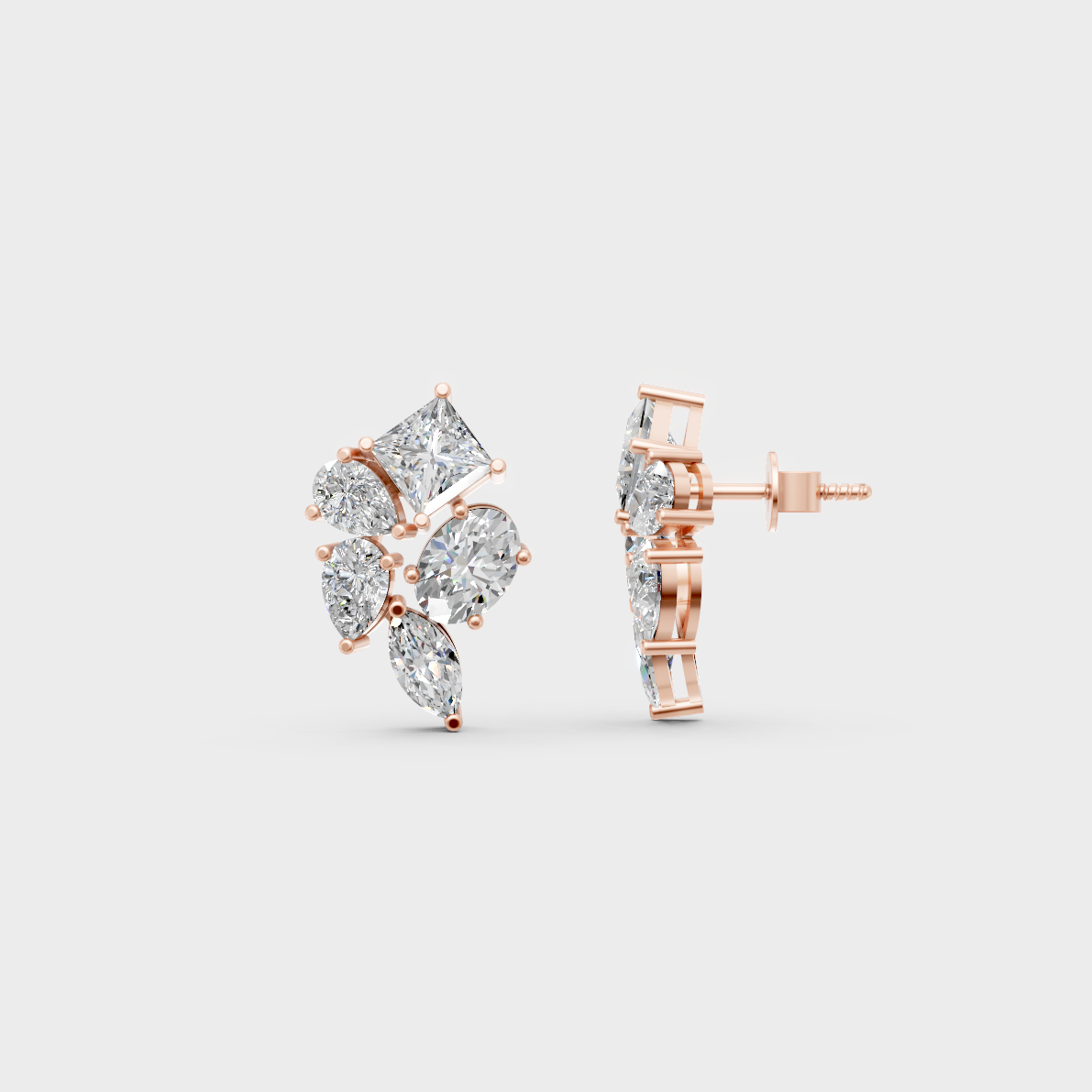 Romantic profile of 2.40 Carat Multishape Lab-Grown Diamond Stud Earrings in blush 14K Rose Gold.