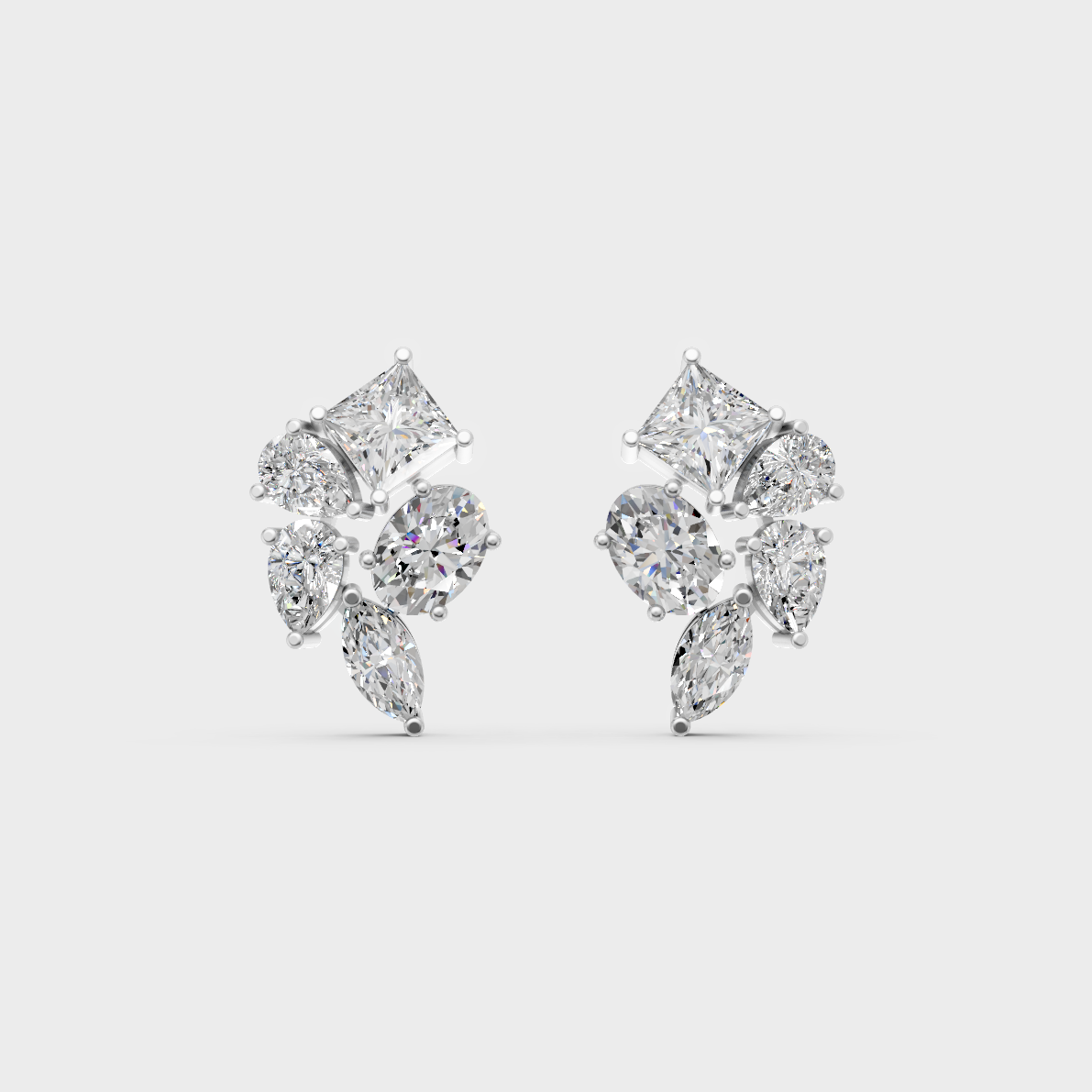 On-ear perspective highlighting the icy Brilliant Sparkle of 2.40ct White Gold Multishape Diamond Studs.