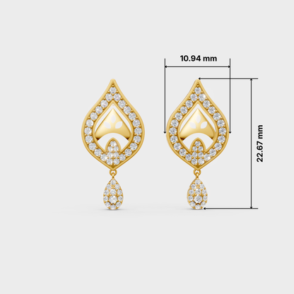 Gold teardrop-shaped dangle earrings with clear pavé stones and a teardrop drop, shown on a light gray background with dimension lines and measurements 10.94 mm and 22.