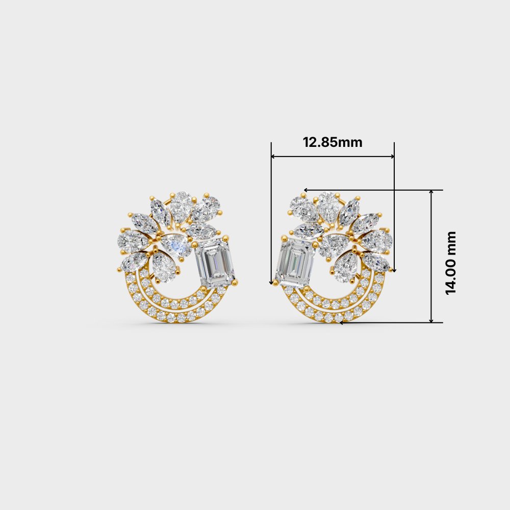 A pair of gold and crystal earrings shown on a light gray background with dimension lines indicating 12.85 mm width and 14.