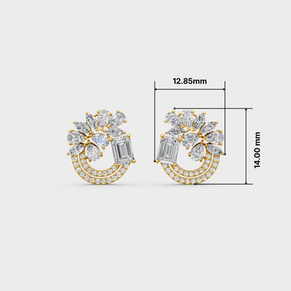 A pair of gold and crystal earrings shown on a light gray background with dimension lines indicating 12.85 mm width and 14.