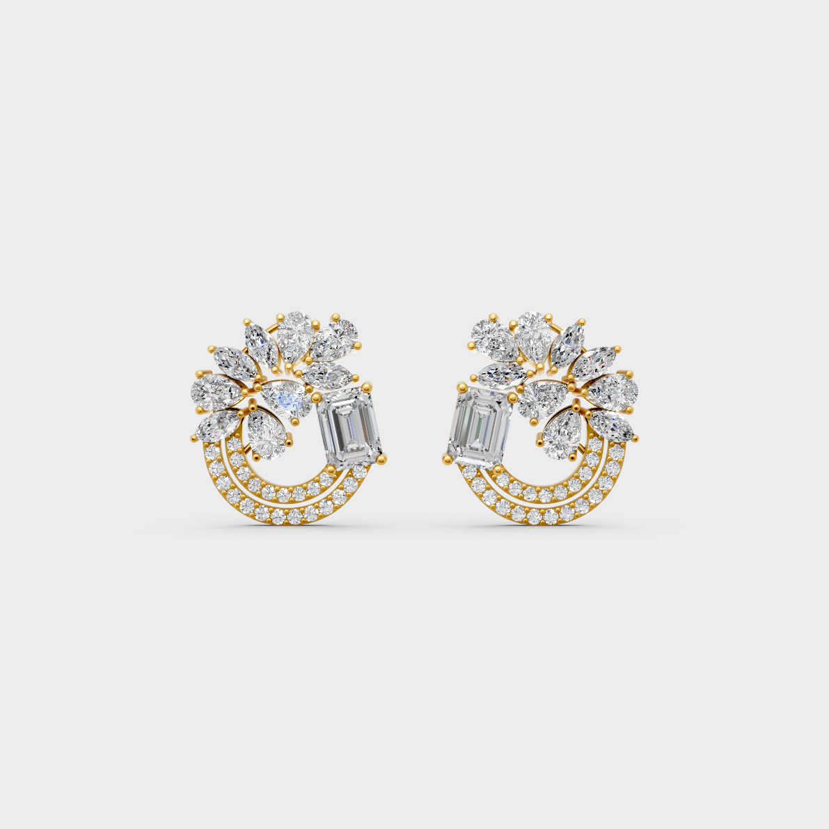 On-model ear wearing a pair of 1.8ct Multishape Lab Diamond Stud Earrings in classic 9K Yellow Gold.