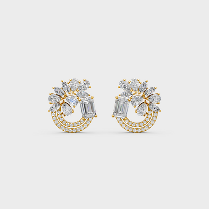 On-model ear wearing a pair of 1.8ct Multishape Lab Diamond Stud Earrings in classic 9K Yellow Gold.