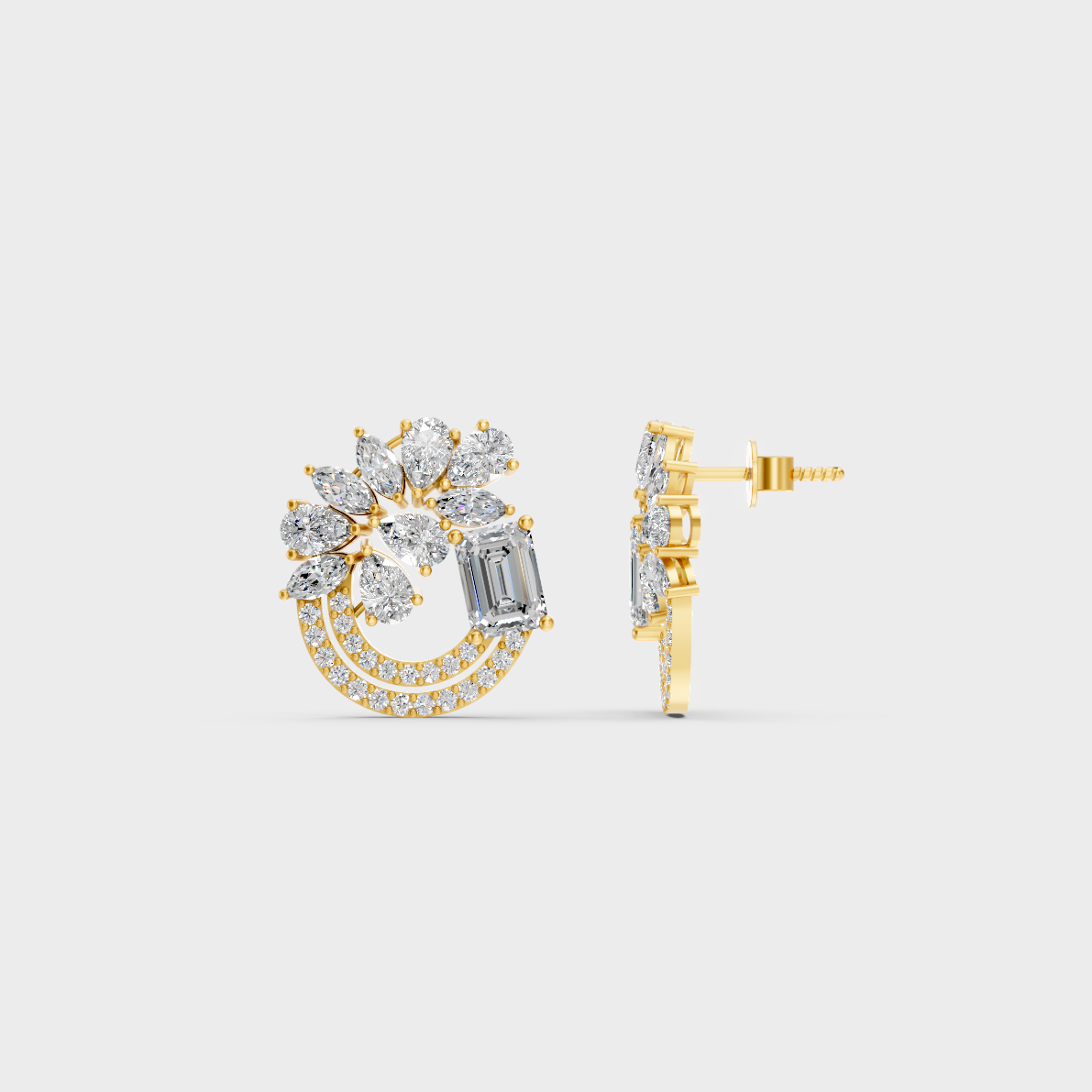 Close-up shot of 1.8 Carat Multishape (Emerald, Pear, Round, Marquise) Lab-Grown Diamond Stud Earrings set in 14K Yellow Gold.