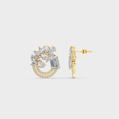 Close-up shot of 1.8 Carat Multishape (Emerald, Pear, Round, Marquise) Lab-Grown Diamond Stud Earrings set in 14K Yellow Gold.