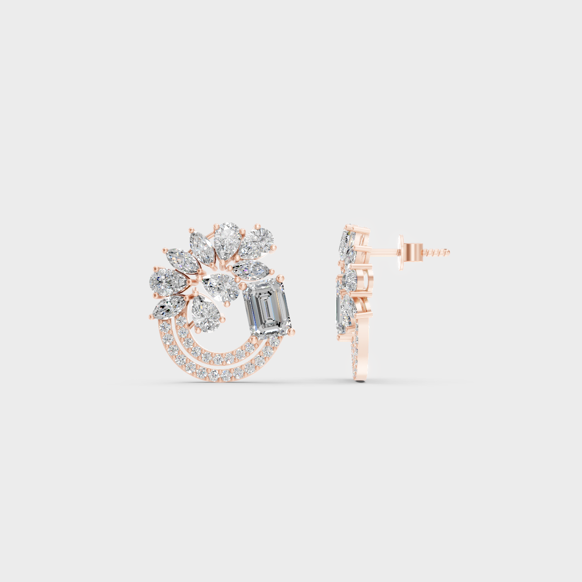 Pair of Ethical Luxury Multishape Diamond Studs glowing on a rose-hued 18K Rose Gold Setting.