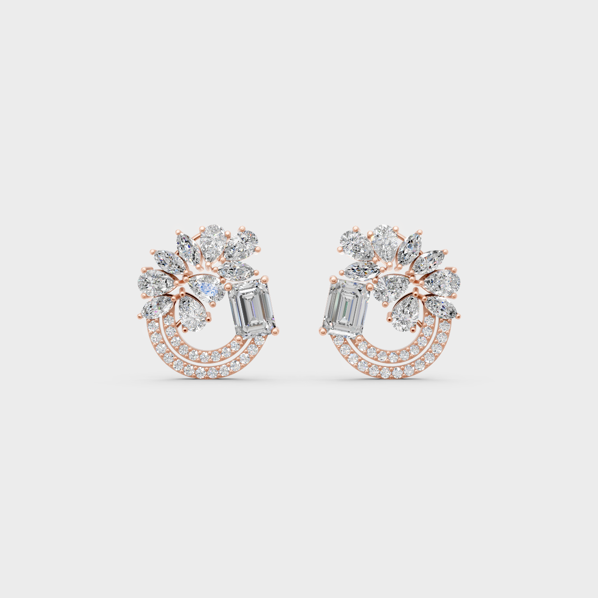 Romantic profile of 1.8 Carat Multishape Lab-Grown Diamond Stud Earrings in blush 14K Rose Gold.