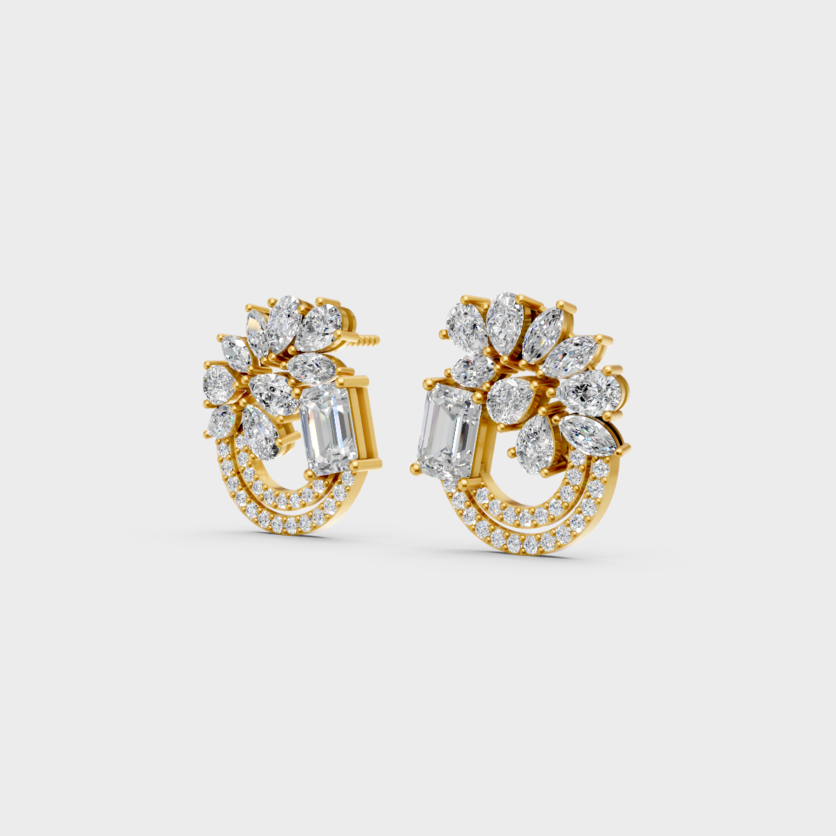 Side angle showing the secure backing and Brilliant Sparkle of Ethical Luxury Multishape Studs in 18K Yellow Gold.