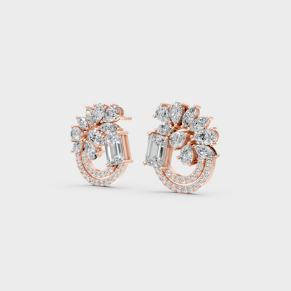 Top-down view displaying the Brilliant Sparkle of 1.8ct Emerald, Pear, Round, and Marquise Diamond Studs in 9K Rose Gold.