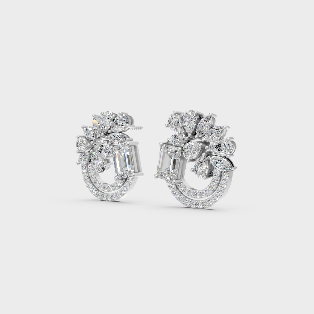 Frontal view of Ethical Luxury Cluster Studs featuring Emerald, Pear, Round, and Marquise Lab Diamonds set in 14K White Gold.