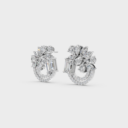 Frontal view of Ethical Luxury Cluster Studs featuring Emerald, Pear, Round, and Marquise Lab Diamonds set in 14K White Gold.