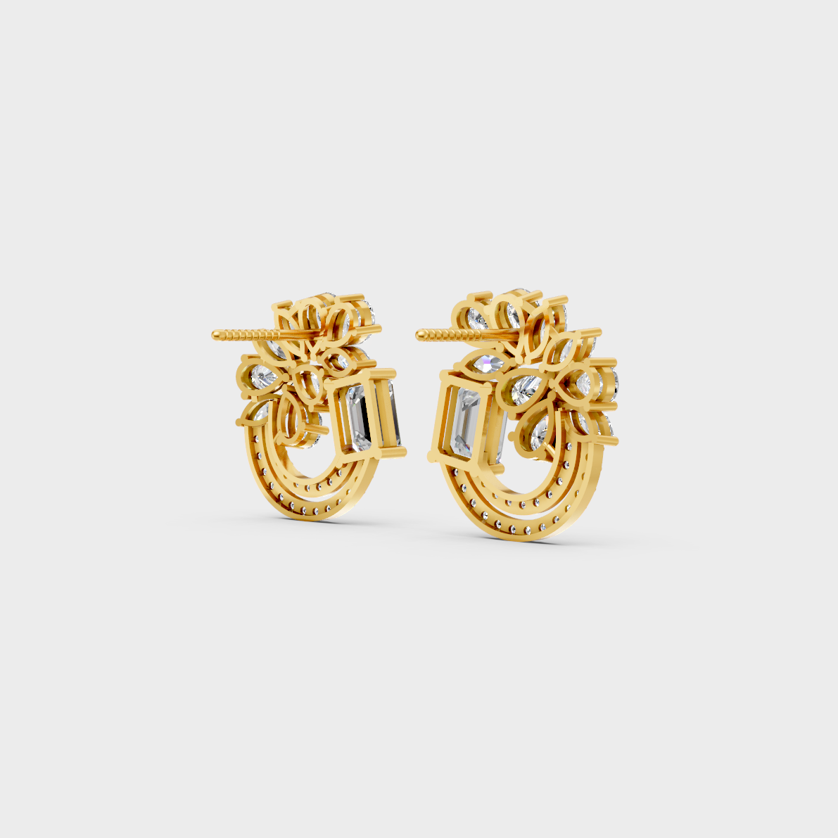 High-polish 14K Yellow Gold Setting supporting unique Emerald, Pear, Round, and Marquise Lab-Grown Diamond Studs.