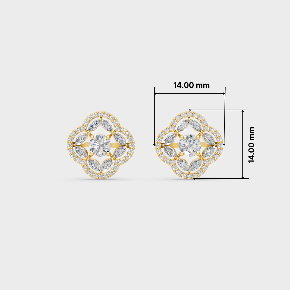A pair of gold and crystal stud earrings shown on a light gray background, with dimension lines and text indicating a height and width of 14.00 mm.