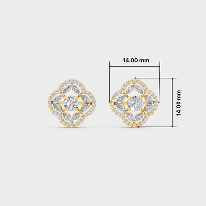 A pair of gold and crystal stud earrings shown on a light gray background, with dimension lines and text indicating a height and width of 14.00 mm.