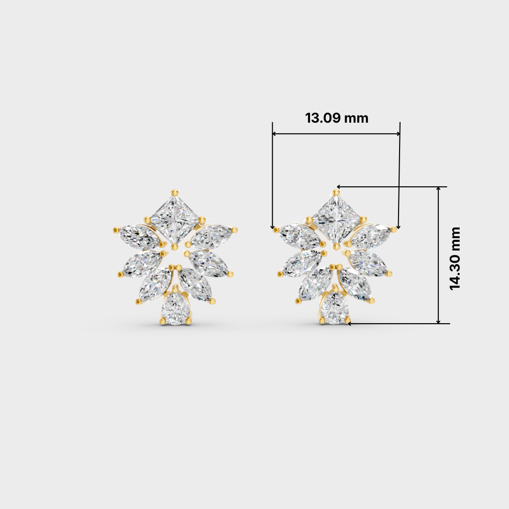 A pair of gold and clear gemstone stud earrings shown on a light gray background with dimension lines and measurements: 13.09 mm width and 14.