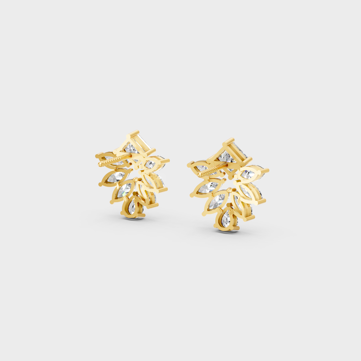 High-polish 14K Yellow Gold Setting supporting unique Princess, Pear, and Marquise Cut Lab-Grown Diamond Studs.