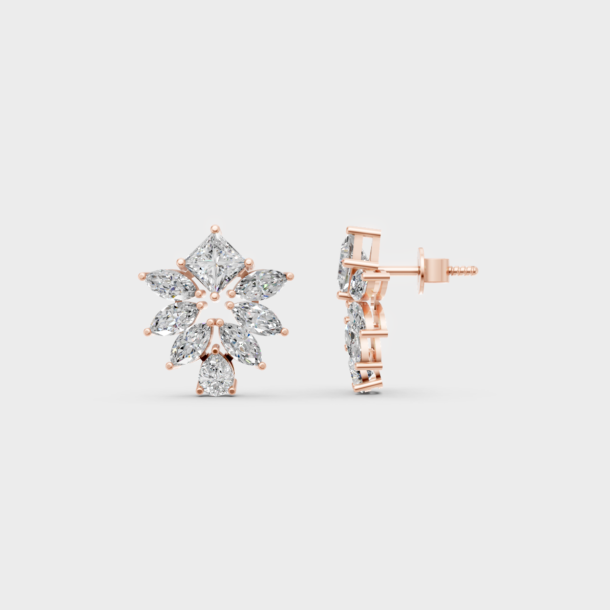 Romantic profile of 2.30 Carat Princess, Pear, and Marquise Lab-Grown Diamond Stud Earrings in blush 14K Rose Gold.