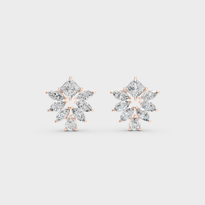 Top-down view displaying the Brilliant Sparkle of 2.30ct Princess, Pear, and Marquise Diamond Studs in 9K Rose Gold.