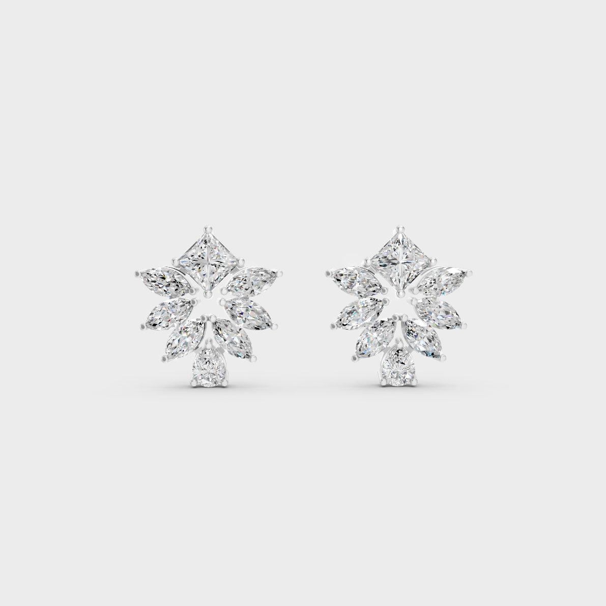 On-ear perspective highlighting the icy Brilliant Sparkle of 2.30ct White Gold Multishape Diamond Studs.