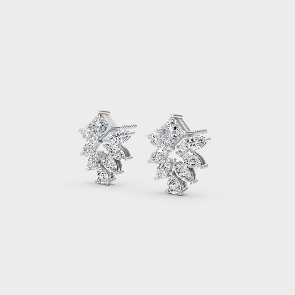 Frontal view of Ethical Luxury Cluster Studs featuring Princess, Pear, and Marquise Lab Diamonds set in 14K White Gold.