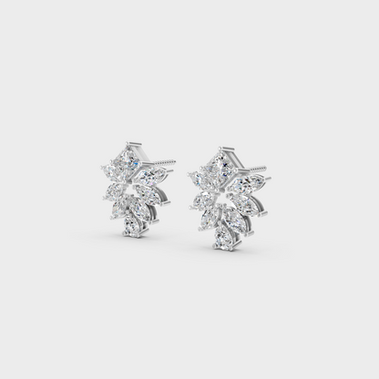 Frontal view of Ethical Luxury Cluster Studs featuring Princess, Pear, and Marquise Lab Diamonds set in 14K White Gold.
