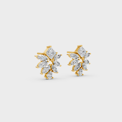 Macro studio lighting catching the fire of Sustainable Mixed Cut Lab Diamond Stud Earrings in 18K Yellow Gold.