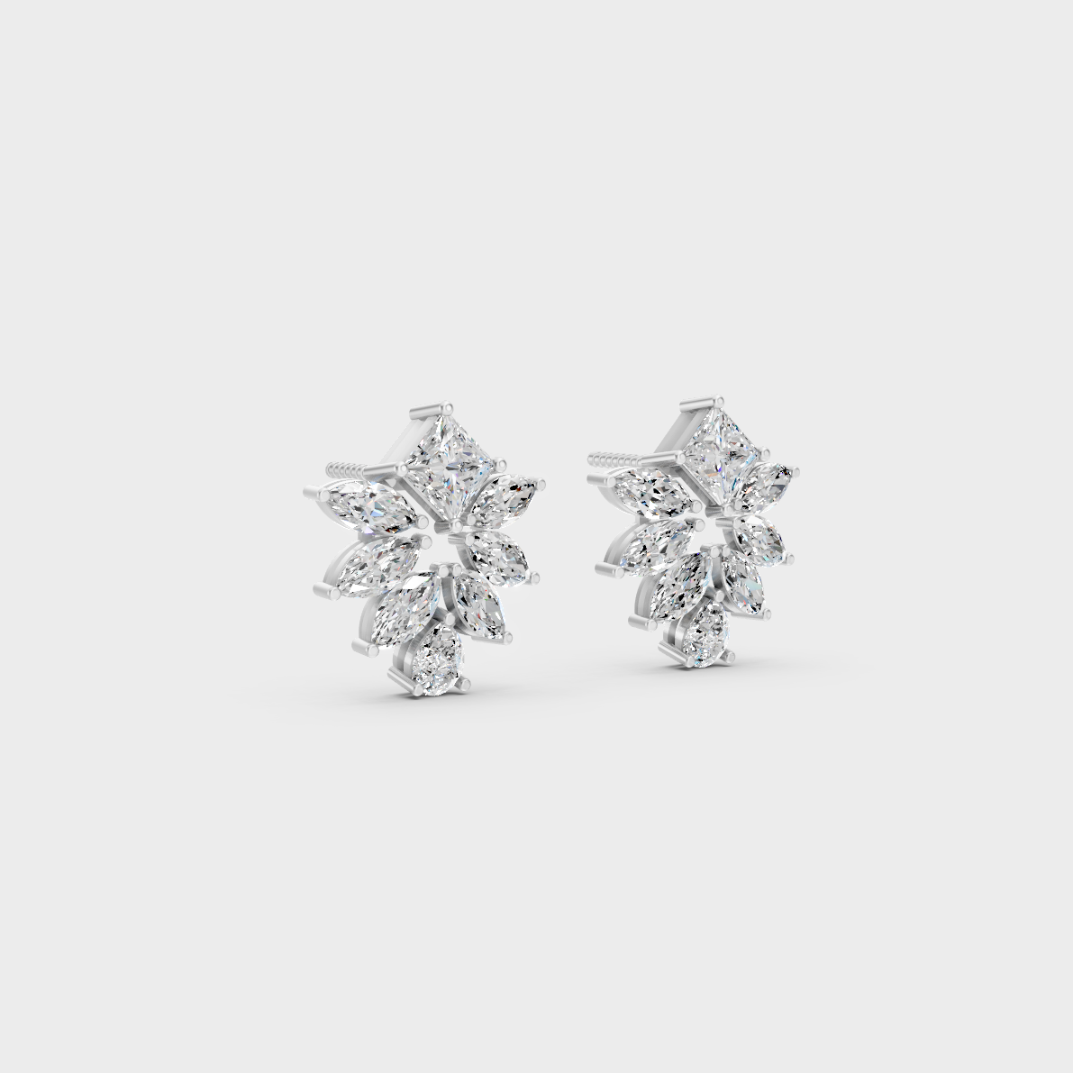 Precise prong placement securing brilliant stones on 950 Platinum Multishape Lab Diamond Stud Earrings.
