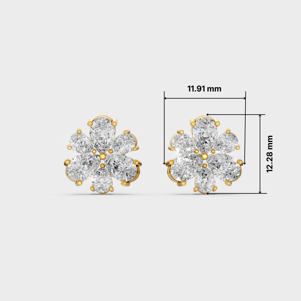 A pair of yellow gold stud earrings with round-cut clear gemstones, shown on a light gray background with dimension lines and measurements indicating 11.91 mm width and 12.