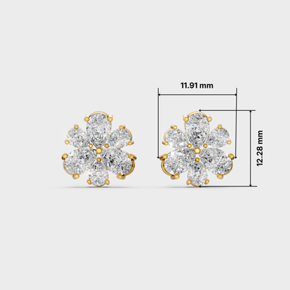 A pair of yellow gold stud earrings with round-cut clear gemstones, shown on a light gray background with dimension lines and measurements indicating 11.91 mm width and 12.