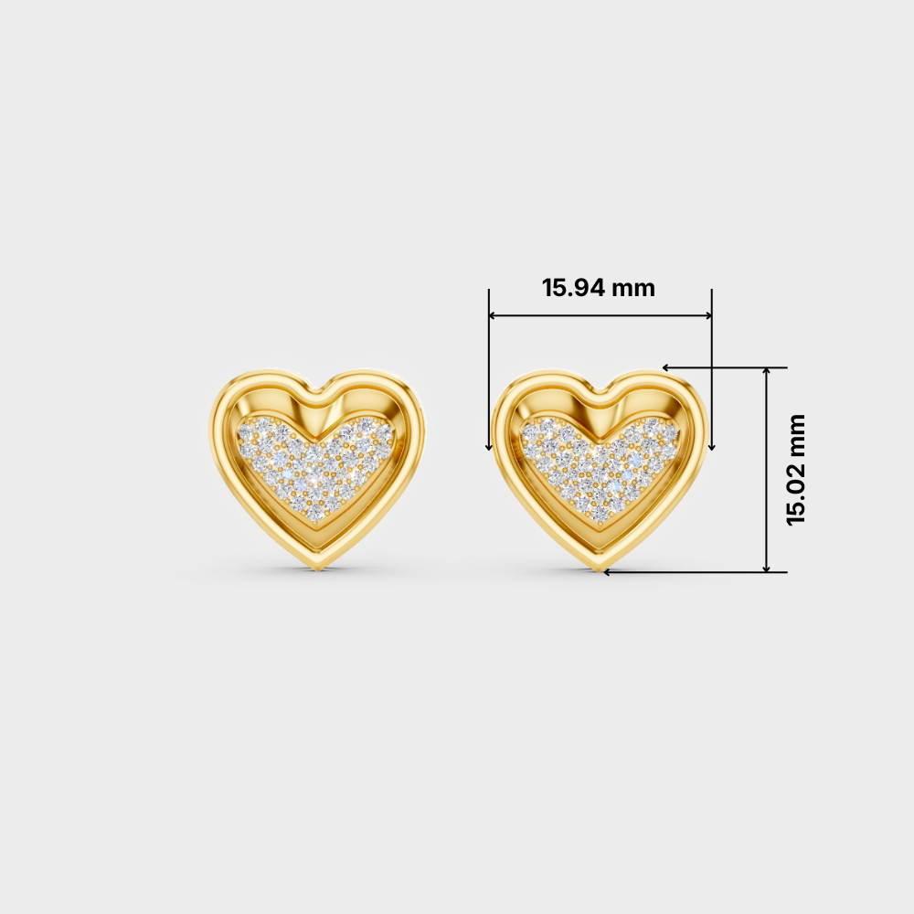 A pair of gold heart-shaped stud earrings with pavé-set clear stones, shown on a light gray background with dimension lines and measurements indicating 15.94 mm width and 15.