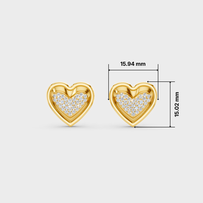 A pair of gold heart-shaped stud earrings with pavé-set clear stones, shown on a light gray background with dimension lines and measurements indicating 15.94 mm width and 15.