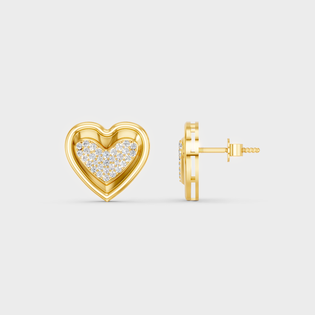 Close-up shot of 0.50 Carat Round Cut Lab-Grown Diamond Heart Stud Earrings set in warm 14K Yellow Gold.