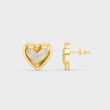 Close-up shot of 0.50 Carat Round Cut Lab-Grown Diamond Heart Stud Earrings set in warm 14K Yellow Gold.