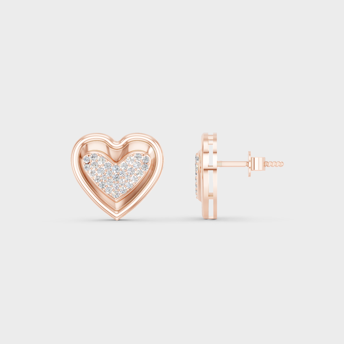 Romantic profile of 0.50 Carat Round Cut Lab-Grown Diamond Heart Stud Earrings in blush 14K Rose Gold.