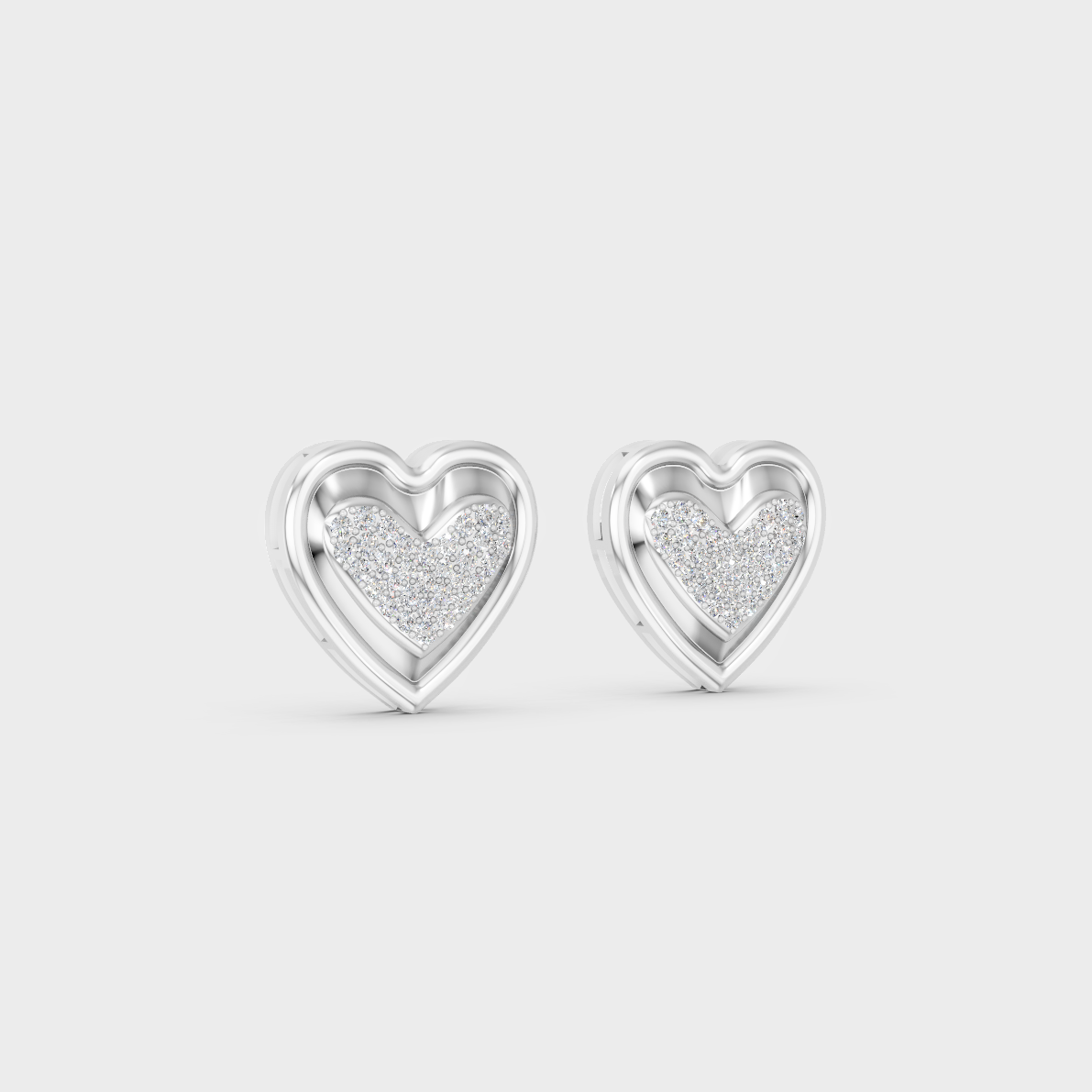 Frontal view of Ethical Luxury Heart Studs featuring Round Cut Lab Diamonds set in 14K White Gold.