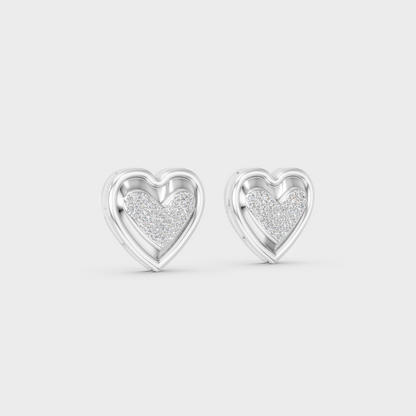 Frontal view of Ethical Luxury Heart Studs featuring Round Cut Lab Diamonds set in 14K White Gold.