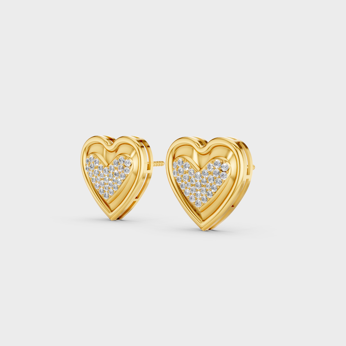 Side angle showing the secure backing and Brilliant Sparkle of Ethical Luxury Heart Studs in 18K Yellow Gold.