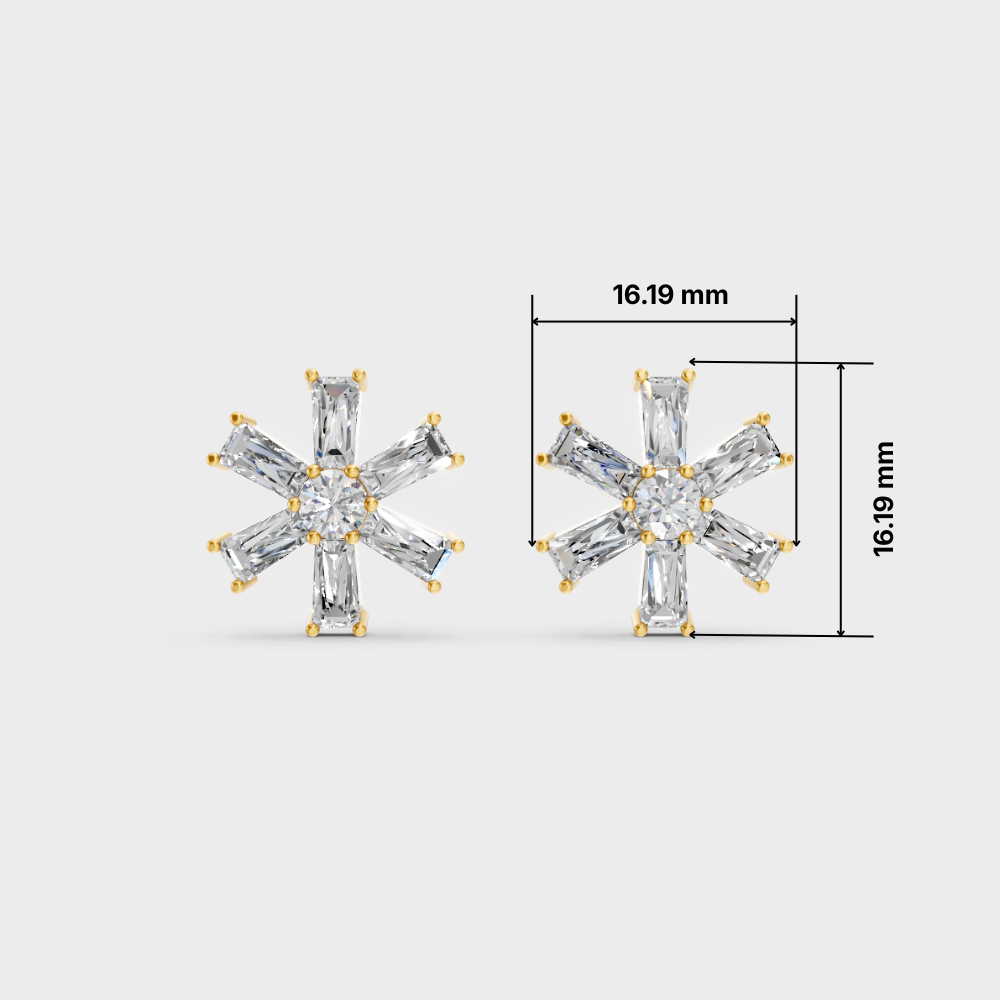 A pair of snowflake-shaped stud earrings with clear baguette and round-cut stones in a yellow gold setting, shown on a light gray background with dimension lines indicating a size of 16.19 mm.
