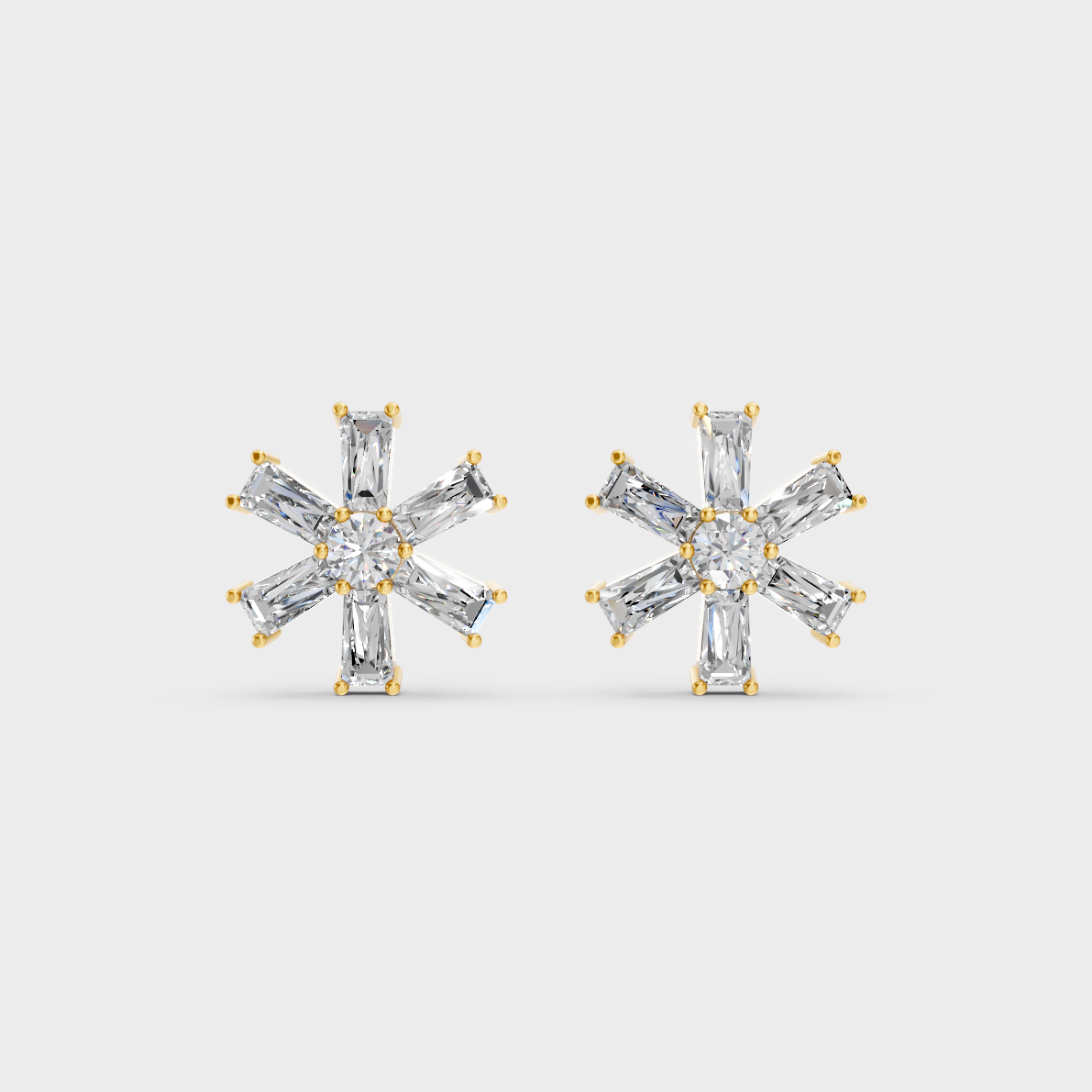 On-model ear wearing a pair of 2.16ct Baguette and Round Lab Diamond Stud Earrings in classic 9K Yellow Gold.