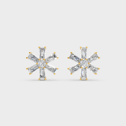 On-model ear wearing a pair of 2.16ct Baguette and Round Lab Diamond Stud Earrings in classic 9K Yellow Gold.