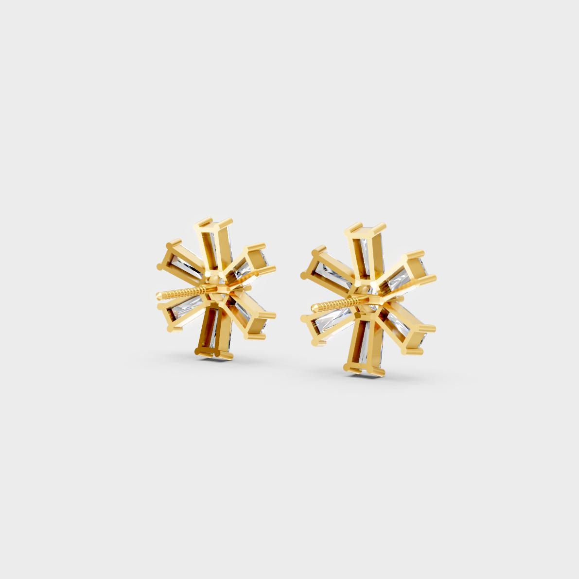 High-polish 14K Yellow Gold Setting supporting modern Baguette and Round Cut Lab-Grown Diamond Studs.