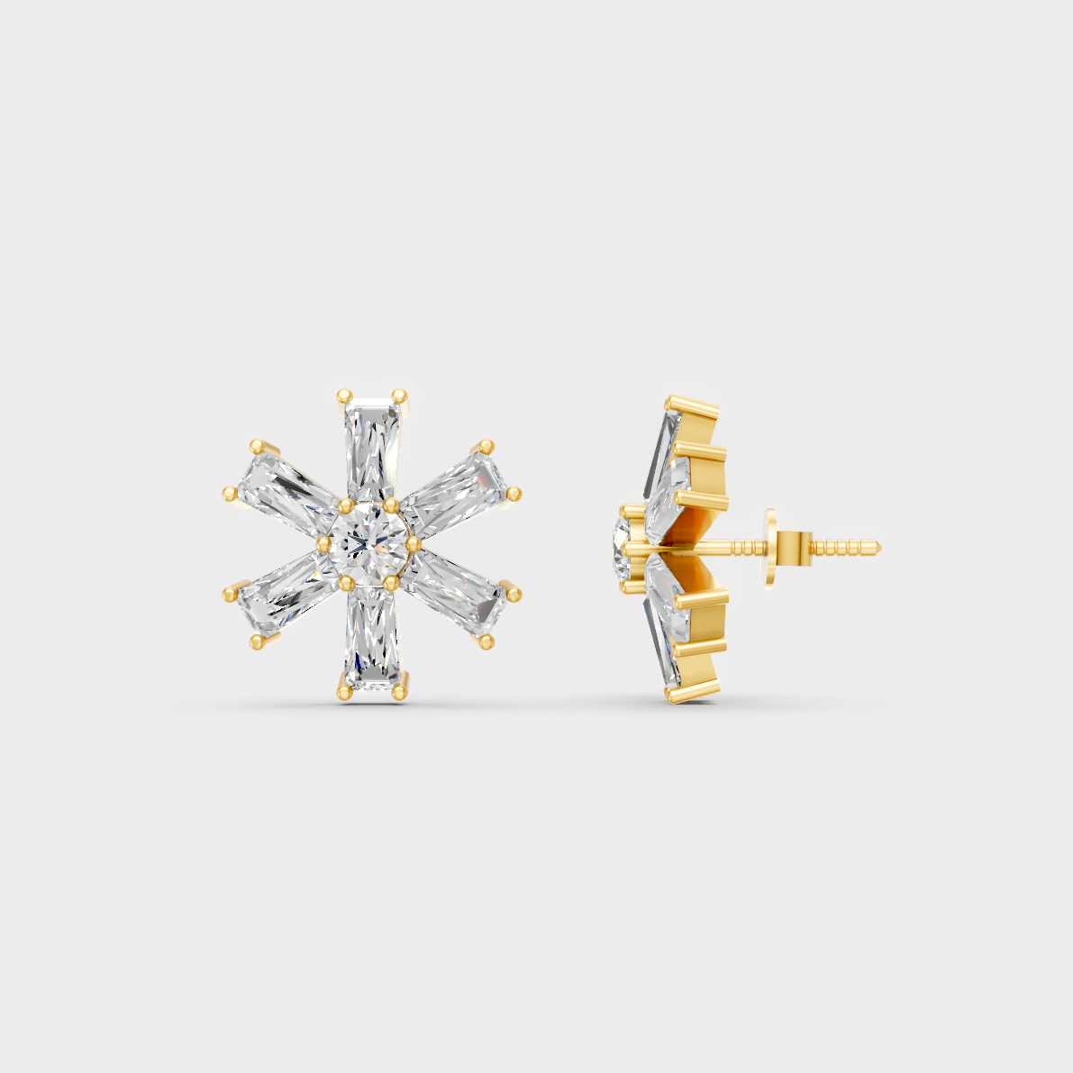 Close-up shot of 2.16 Carat Baguette and Round Cut Lab-Grown Diamond Stud Earrings set in 14K Yellow Gold.