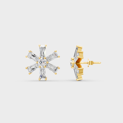 Close-up shot of 2.16 Carat Baguette and Round Cut Lab-Grown Diamond Stud Earrings set in 14K Yellow Gold.