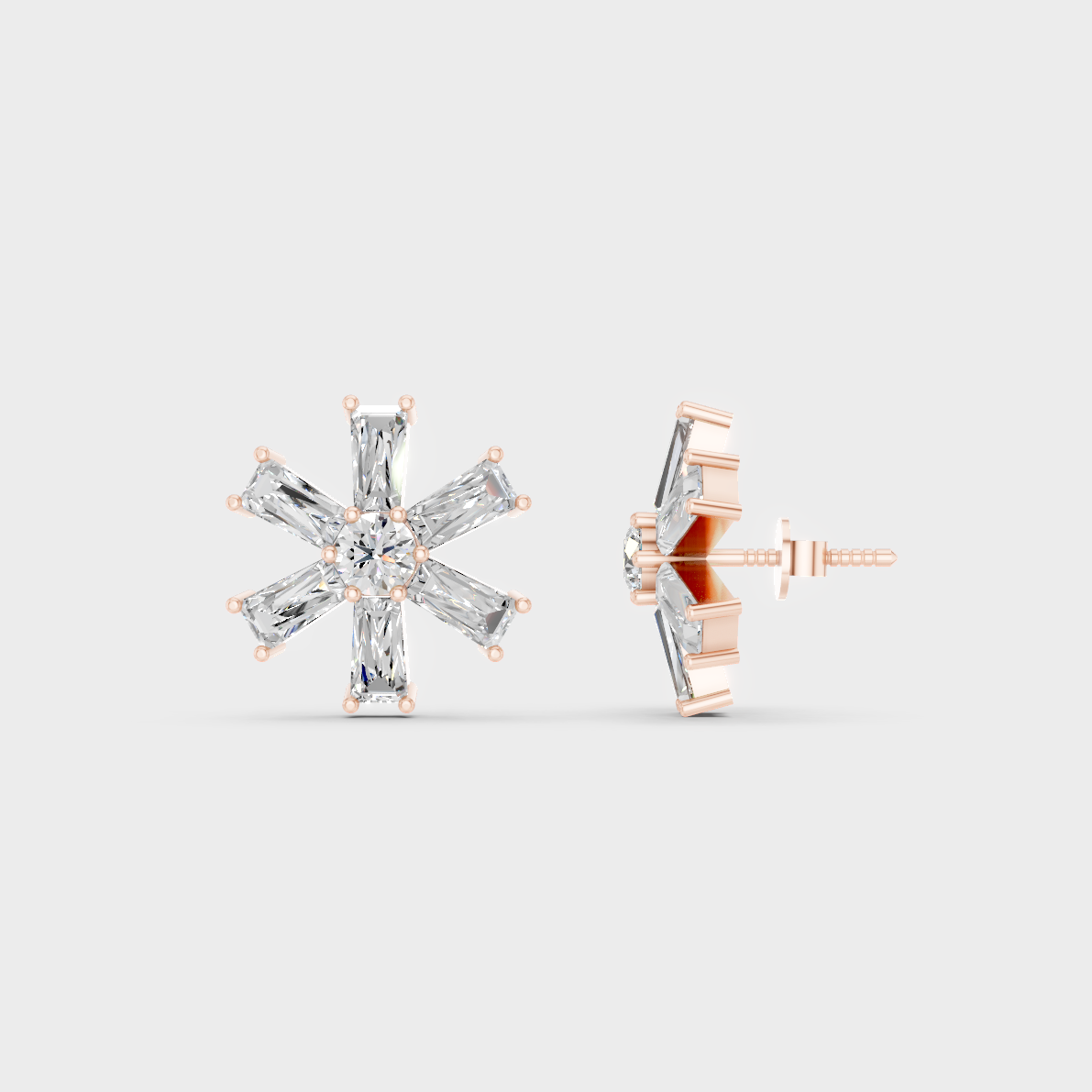 Romantic profile of 2.16 Carat Baguette and Round Cut Lab-Grown Diamond Stud Earrings in blush 14K Rose Gold.