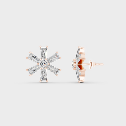 Romantic profile of 2.16 Carat Baguette and Round Cut Lab-Grown Diamond Stud Earrings in blush 14K Rose Gold.