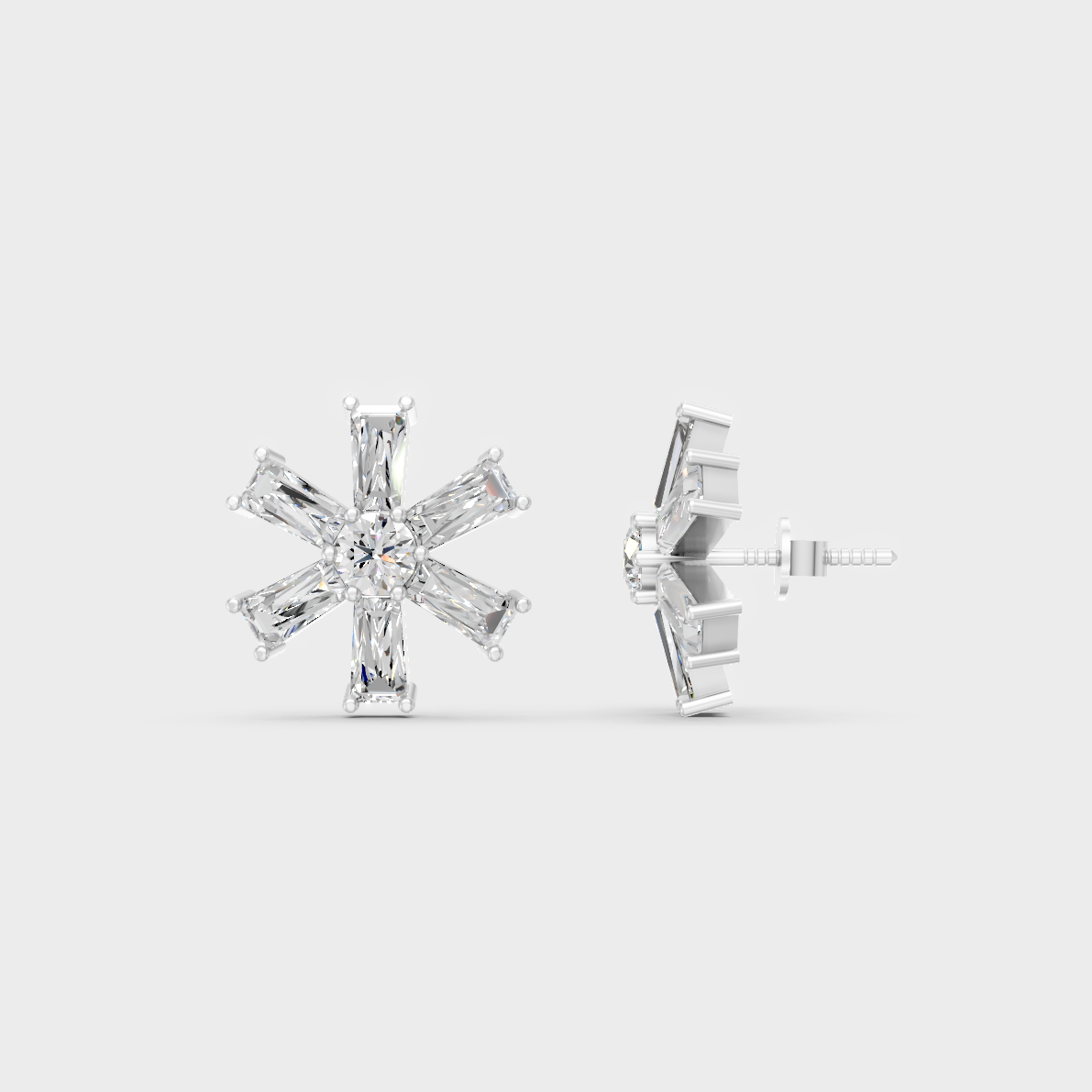 Breathtaking shine of 2.16 Carat Baguette and Round Cut Lab-Grown Diamond Stud Earrings in solid 950 Platinum.
