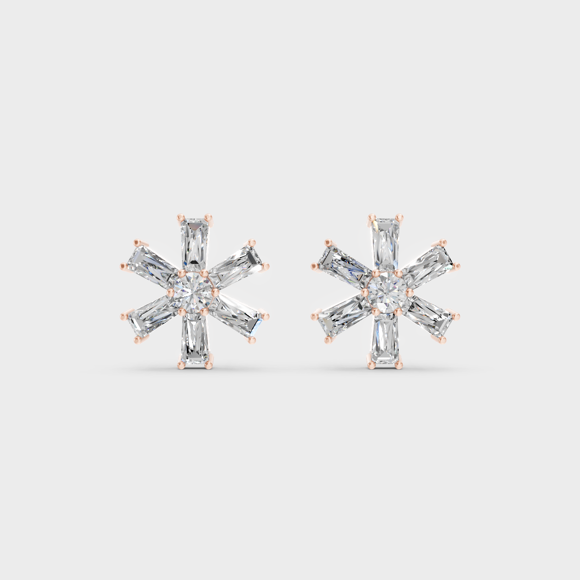 Top-down view displaying the Brilliant Sparkle of 2.16ct Baguette and Round Diamond Studs in 9K Rose Gold.